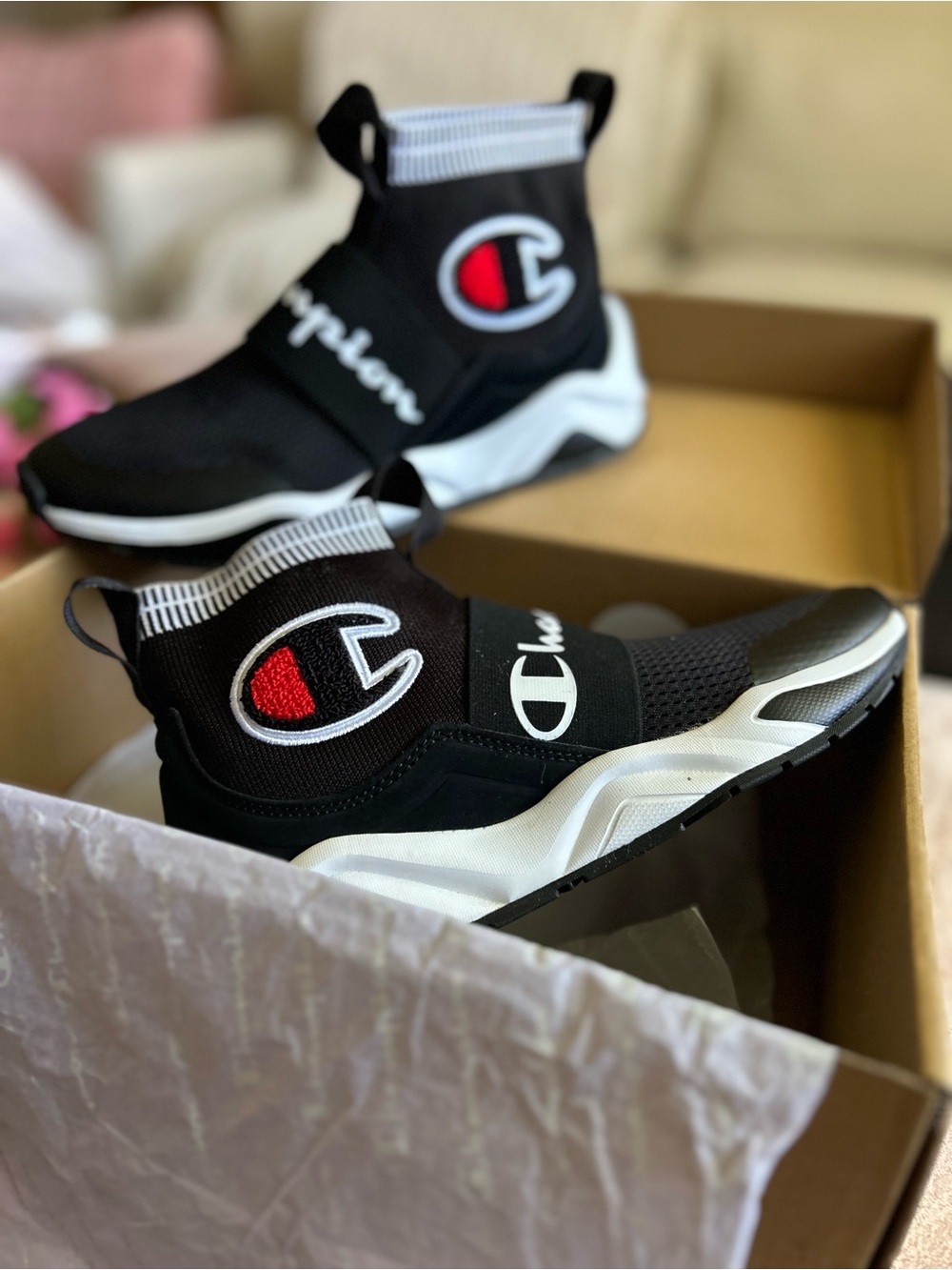 Champion Black & White Kids Slip-On Sock Sneakers with Red Logo